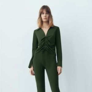 ZARA GATHERED SHIRT DARK GREEN